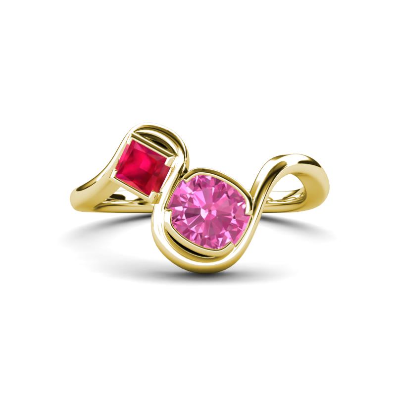 Nerida 1.57 ctw Cushion Shape Created Pink Sapphire & Princess Shape Created Ruby Women Toi Et Moi Wave Engagement Ring 