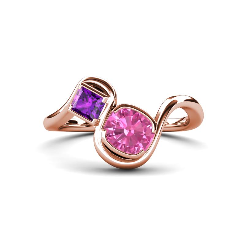 Nerida 1.57 ctw Cushion Shape Created Pink Sapphire & Princess Shape Amethyst Women Toi Et Moi Wave Engagement Ring 