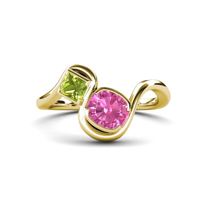 Nerida 1.60 ctw Cushion Shape Created Pink Sapphire & Princess Shape Peridot Women Toi Et Moi Wave Engagement Ring 
