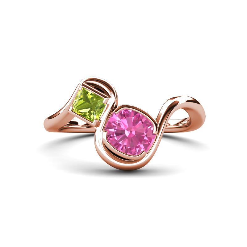 Nerida 1.60 ctw Cushion Shape Created Pink Sapphire & Princess Shape Peridot Women Toi Et Moi Wave Engagement Ring 