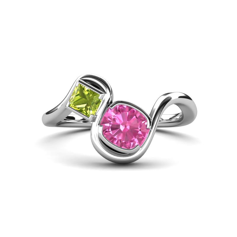 Nerida 1.60 ctw Cushion Shape Created Pink Sapphire & Princess Shape Peridot Women Toi Et Moi Wave Engagement Ring 
