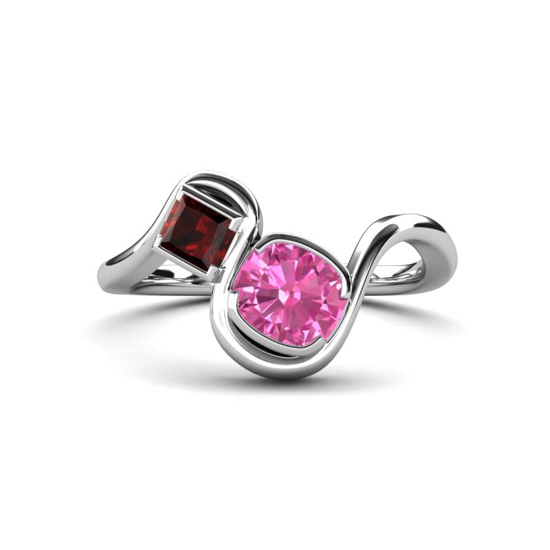 Nerida 1.60 ctw Cushion Shape Created Pink Sapphire & Princess Shape Red Garnet Women Toi Et Moi Wave Engagement Ring 