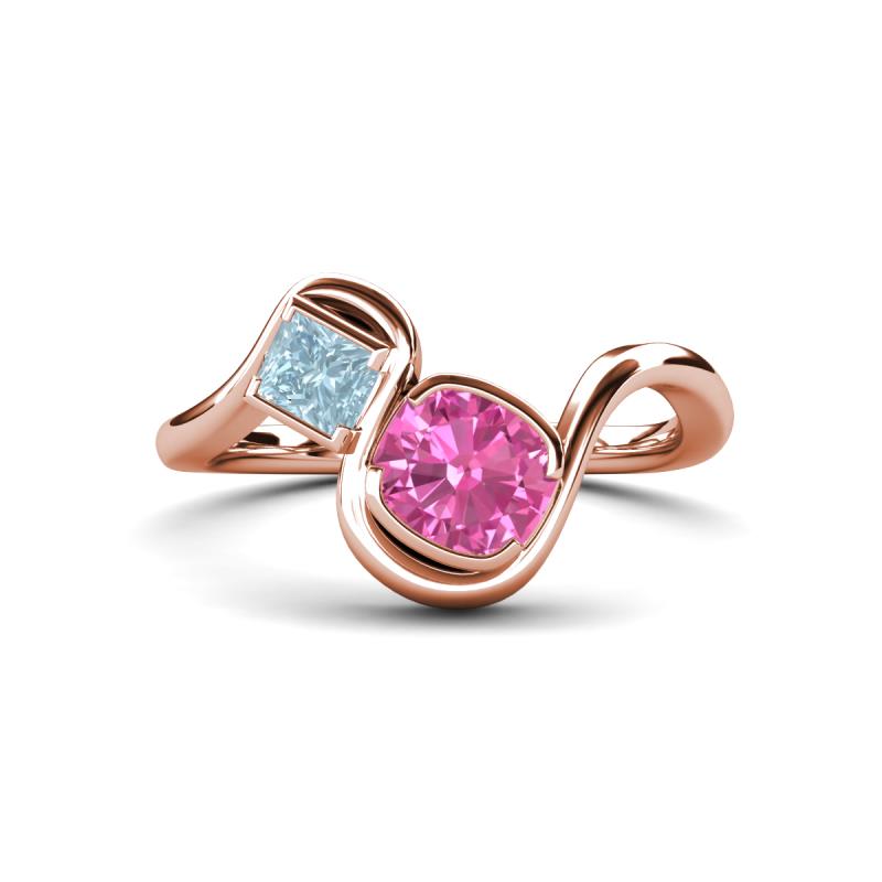 Nerida 1.57 ctw Cushion Shape Created Pink Sapphire & Princess Shape Aquamarine Women Toi Et Moi Wave Engagement Ring 