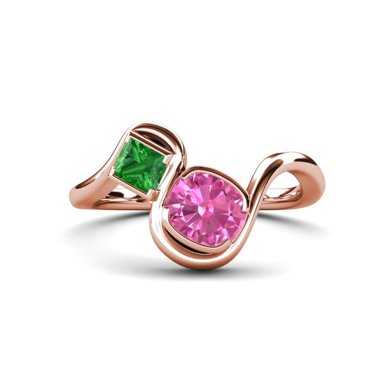 Nerida 1.57 ctw Cushion Shape Created Pink Sapphire & Princess Shape Green Garnet Women Toi Et Moi Wave Engagement Ring 