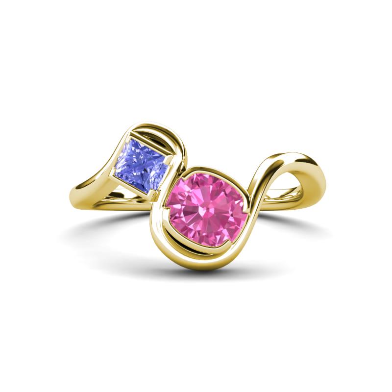 Nerida 1.60 ctw Cushion Shape Created Pink Sapphire & Princess Shape Tanzanite Women Toi Et Moi Wave Engagement Ring 