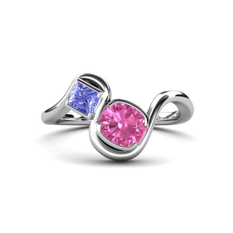 Nerida 1.60 ctw Cushion Shape Created Pink Sapphire & Princess Shape Tanzanite Women Toi Et Moi Wave Engagement Ring 
