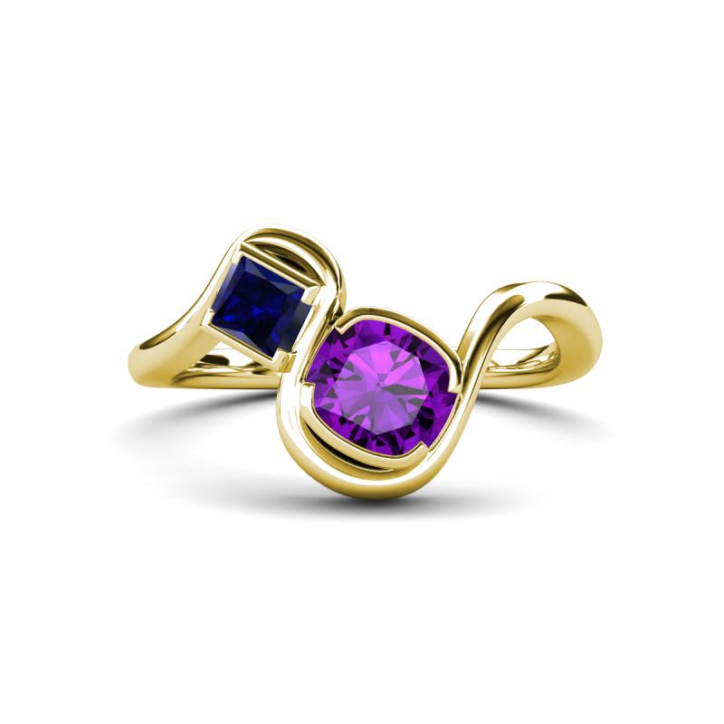 Nerida 1.12 ctw Cushion Shape Amethyst and Princess Shape Created Blue Sapphire Women Toi Et Moi Wave Engagement Ring 
