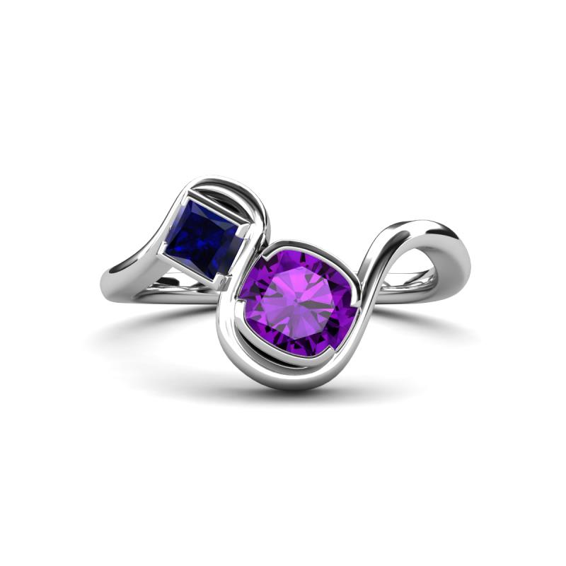 Nerida 1.12 ctw Cushion Shape Amethyst and Princess Shape Created Blue Sapphire Women Toi Et Moi Wave Engagement Ring 