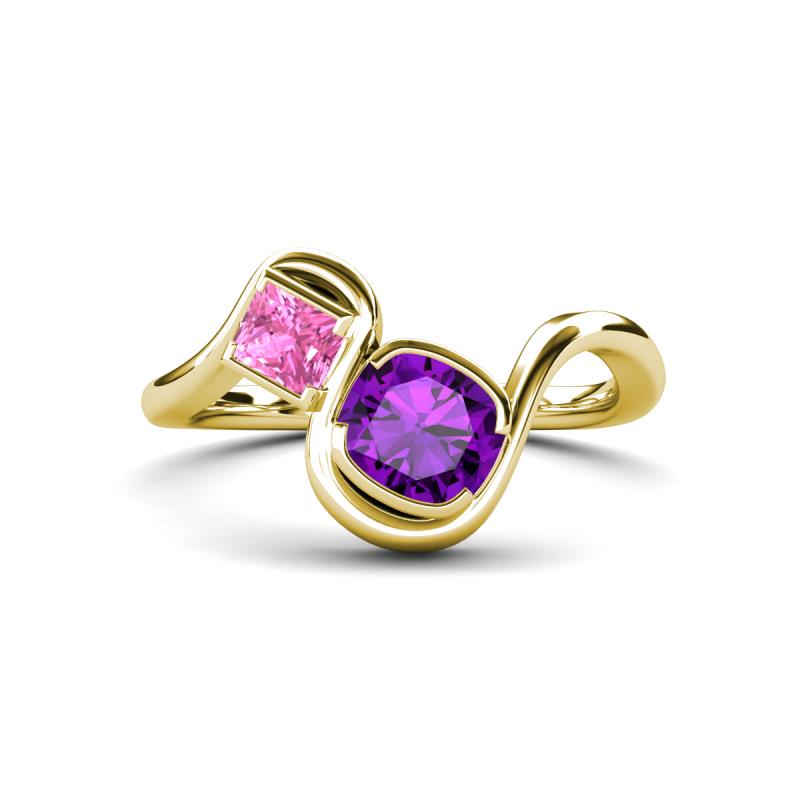 Nerida 1.25 ctw Cushion Shape Amethyst and Princess Shape Created Pink Sapphire Women Toi Et Moi Wave Engagement Ring 