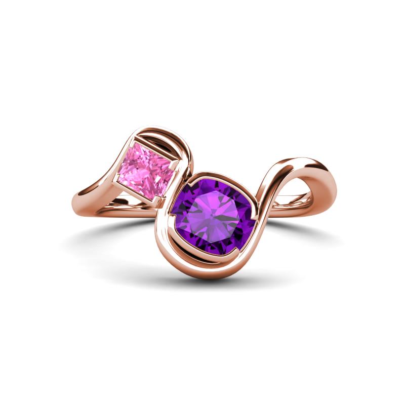 Nerida 1.25 ctw Cushion Shape Amethyst and Princess Shape Created Pink Sapphire Women Toi Et Moi Wave Engagement Ring 