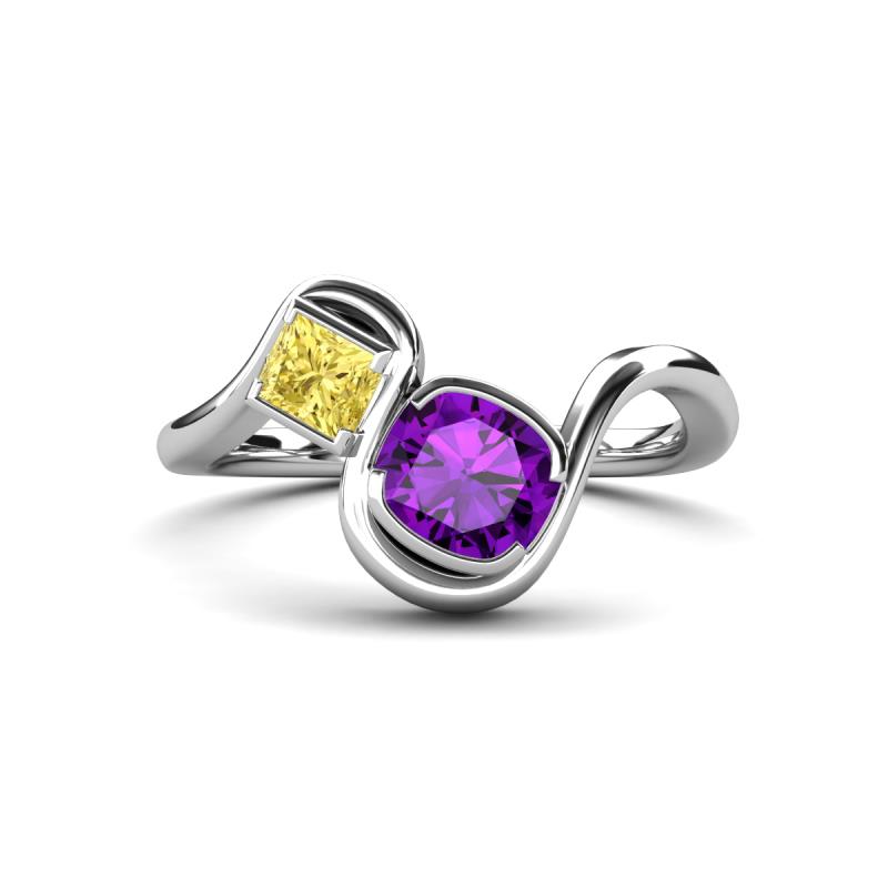 Nerida 1.25 ctw Cushion Shape Amethyst and Princess Shape Created Yellow Sapphire Women Toi Et Moi Wave Engagement Ring 