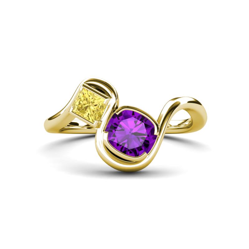 Nerida 1.25 ctw Cushion Shape Amethyst and Princess Shape Created Yellow Sapphire Women Toi Et Moi Wave Engagement Ring 