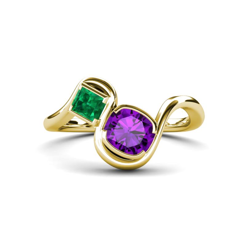 Nerida 1.12 ctw Cushion Shape Amethyst and Princess Shape Created Emerald Women Toi Et Moi Wave Engagement Ring 