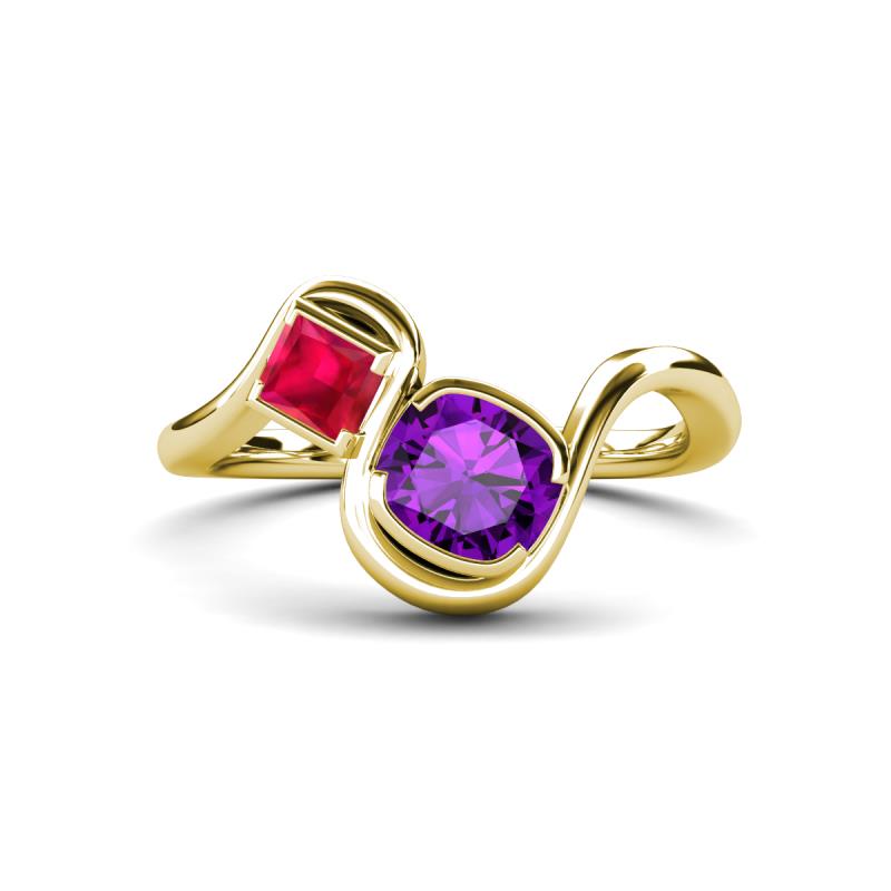 Nerida 1.12 ctw Cushion Shape Amethyst and Princess Shape Created Ruby Women Toi Et Moi Wave Engagement Ring 
