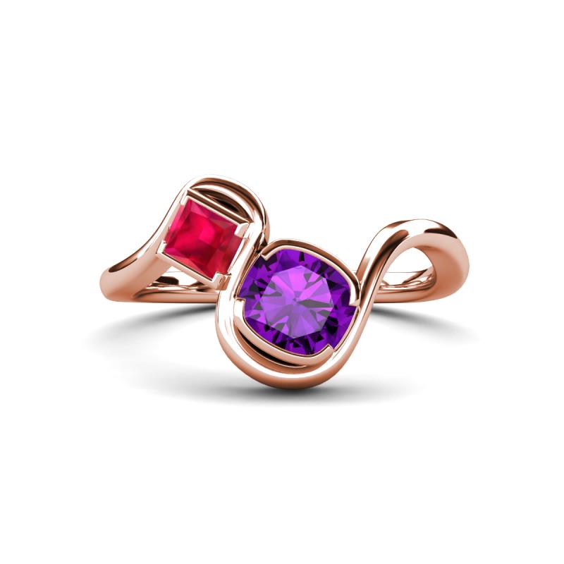 Nerida 1.12 ctw Cushion Shape Amethyst and Princess Shape Created Ruby Women Toi Et Moi Wave Engagement Ring 