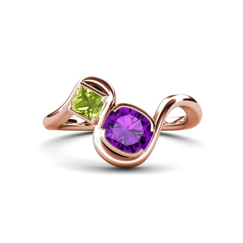 Nerida 1.15 ctw Cushion Shape Amethyst and Princess Shape Peridot Women Toi Et Moi Wave Engagement Ring 