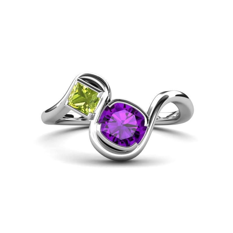 Nerida 1.15 ctw Cushion Shape Amethyst and Princess Shape Peridot Women Toi Et Moi Wave Engagement Ring 