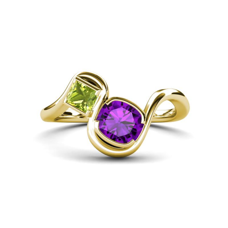 Nerida 1.15 ctw Cushion Shape Amethyst and Princess Shape Peridot Women Toi Et Moi Wave Engagement Ring 