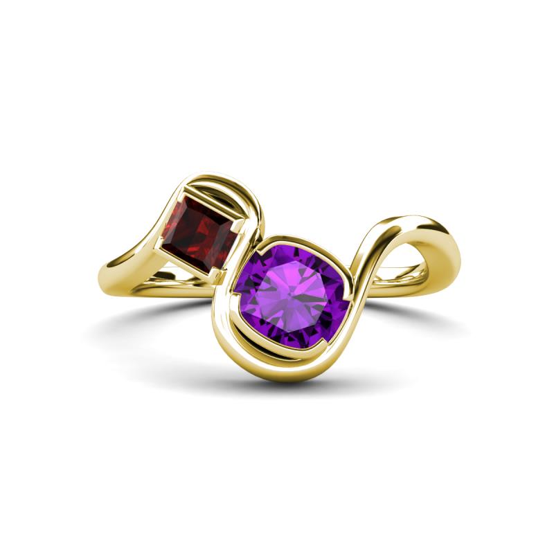 Nerida 1.15 ctw Cushion Shape Amethyst and Princess Shape Red Garnet Women Toi Et Moi Wave Engagement Ring 