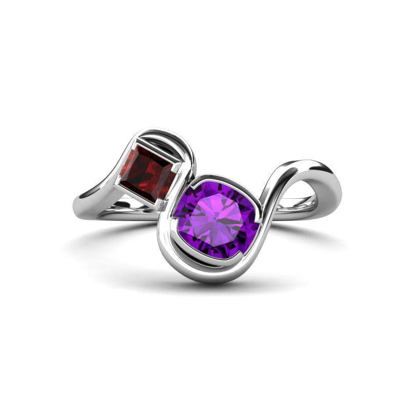 Nerida 1.15 ctw Cushion Shape Amethyst and Princess Shape Red Garnet Women Toi Et Moi Wave Engagement Ring 