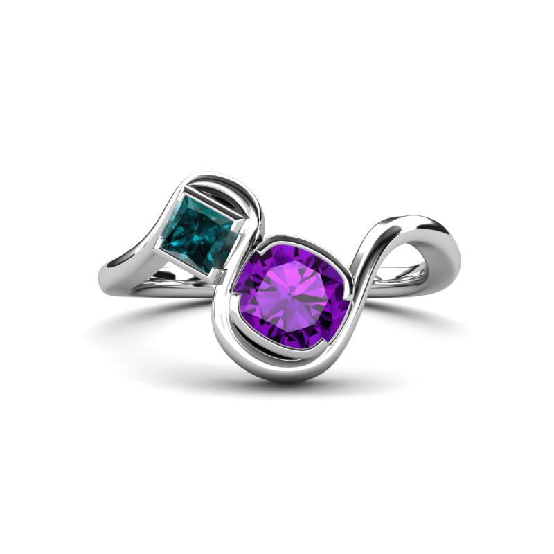 Nerida 1.12 ctw Cushion Shape Amethyst and Princess Shape London Blue Topaz Women Toi Et Moi Wave Engagement Ring 