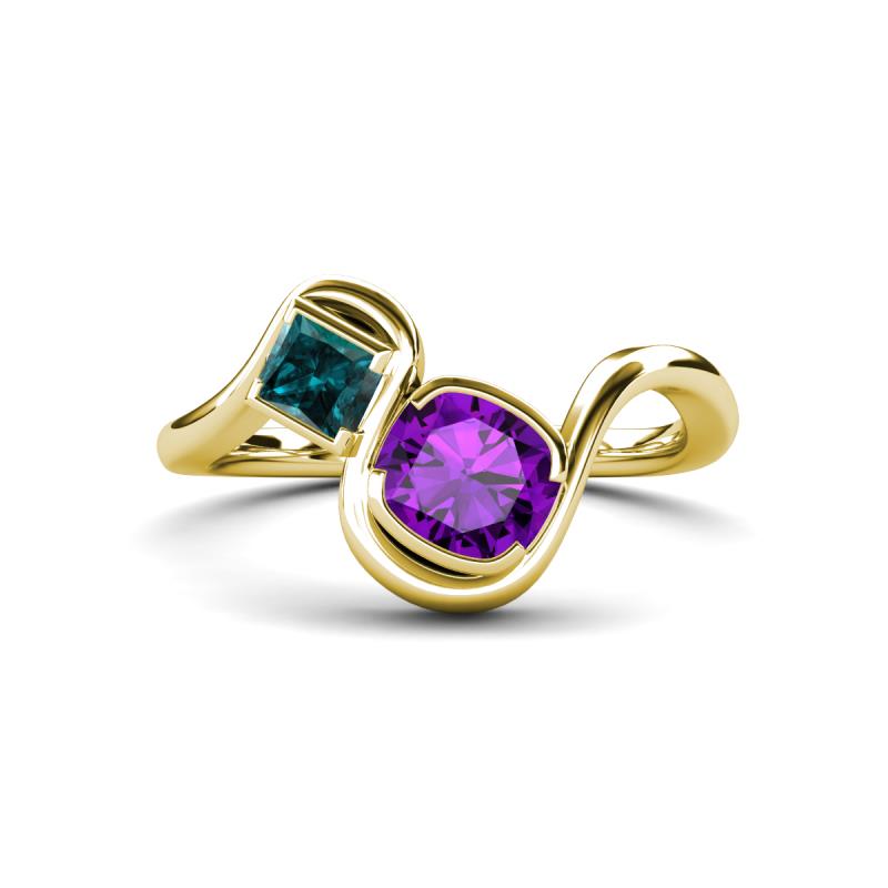 Nerida 1.12 ctw Cushion Shape Amethyst and Princess Shape London Blue Topaz Women Toi Et Moi Wave Engagement Ring 