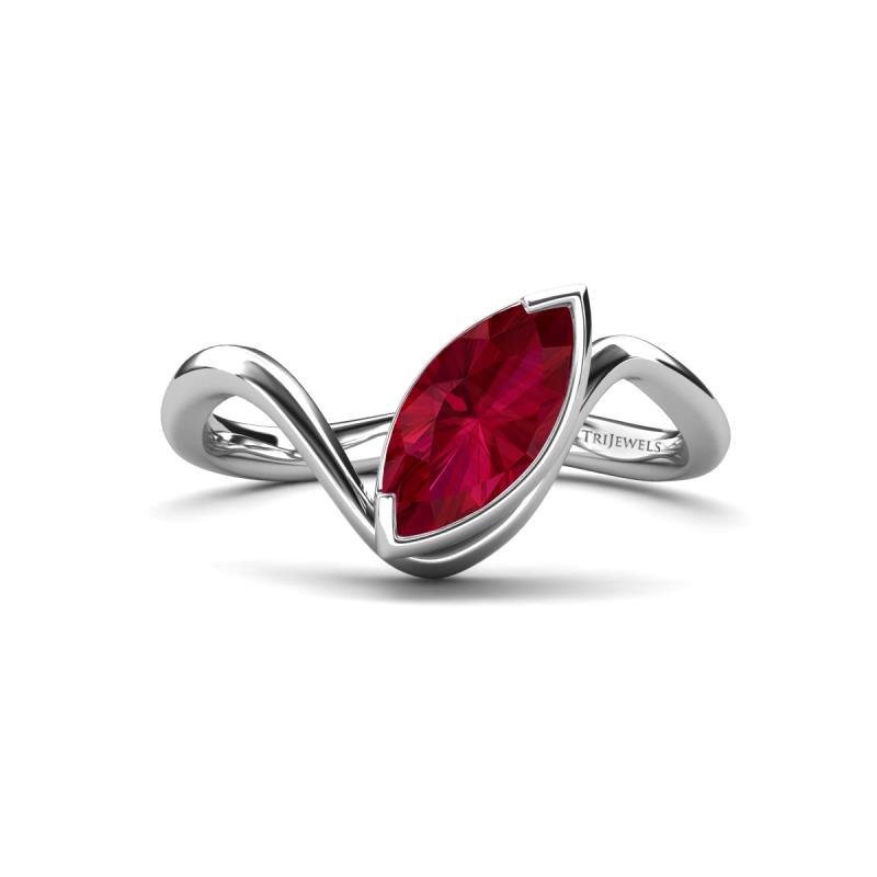 Oceara 1.35 ct Marquise Shape Created Ruby Women Wave Solitaire Engagement Ring 
