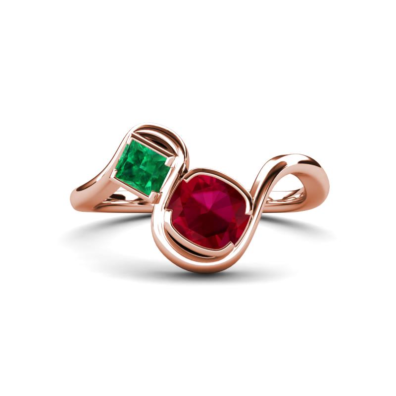 Nerida 1.60 ctw Cushion Shape Created Ruby and Princess Shape Created Emerald Women Toi Et Moi Wave Engagement Ring 