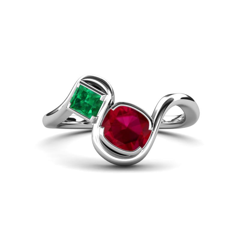 Nerida 1.60 ctw Cushion Shape Created Ruby and Princess Shape Created Emerald Women Toi Et Moi Wave Engagement Ring 