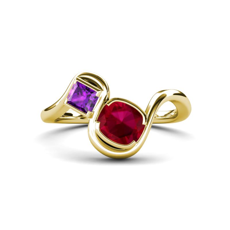Nerida 1.60 ctw Cushion Shape Created Ruby and Princess Shape Amethyst Women Toi Et Moi Wave Engagement Ring 