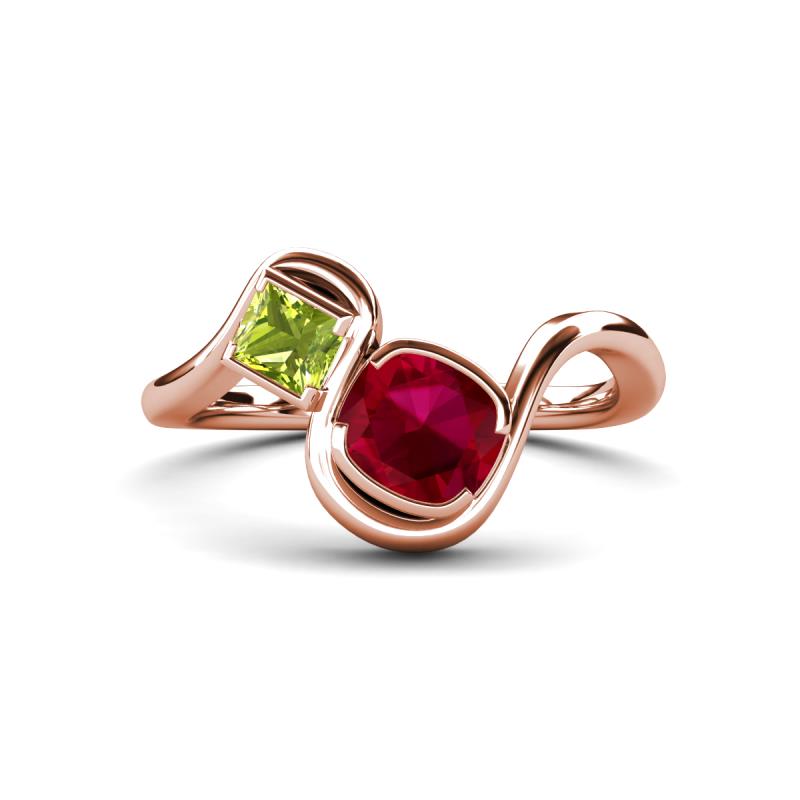 Nerida 1.63 ctw Cushion Shape Created Ruby and Princess Shape Peridot Women Toi Et Moi Wave Engagement Ring 