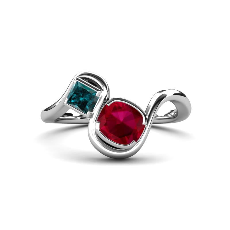 Nerida 1.60 ctw Cushion Shape Created Ruby and Princess Shape London Blue Topaz Women Toi Et Moi Wave Engagement Ring 