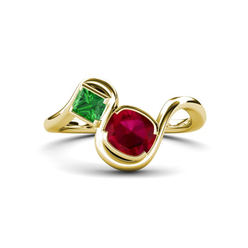 Nerida 1.60 ctw Cushion Shape Created Ruby and Princess Shape Green Garnet Women Toi Et Moi Wave Engagement Ring 