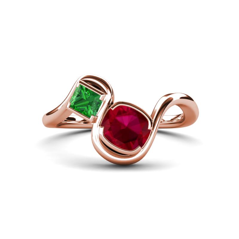 Nerida 1.60 ctw Cushion Shape Created Ruby and Princess Shape Green Garnet Women Toi Et Moi Wave Engagement Ring 