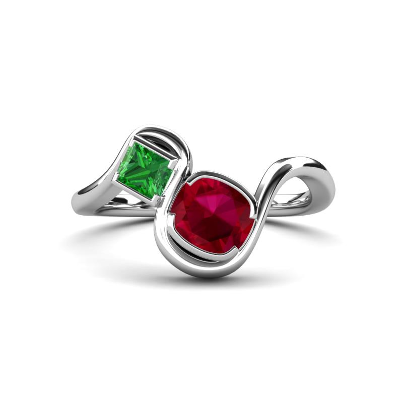 Nerida 1.60 ctw Cushion Shape Created Ruby and Princess Shape Green Garnet Women Toi Et Moi Wave Engagement Ring 