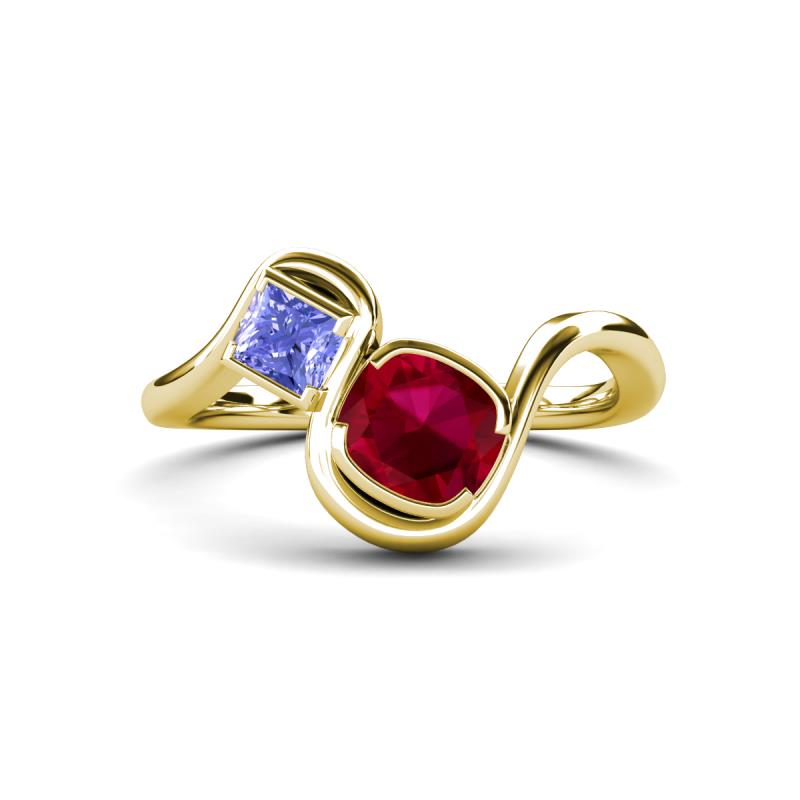 Nerida 1.63 ctw Cushion Shape Created Ruby and Princess Shape Tanzanite Women Toi Et Moi Wave Engagement Ring 