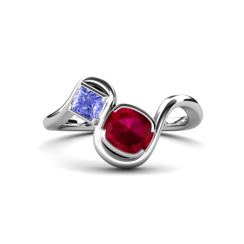Nerida 1.63 ctw Cushion Shape Created Ruby and Princess Shape Tanzanite Women Toi Et Moi Wave Engagement Ring 