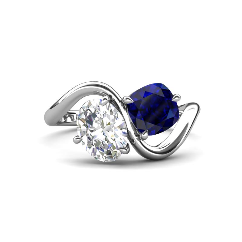 Velona 2.53 ctw IGI Certified Oval Shape Lab Grown Diamond (8.5 x 6 mm) and Cushion Shape Created Blue Sapphire (6 mm) Women Toi Et Moi Wave Engagement Ring 