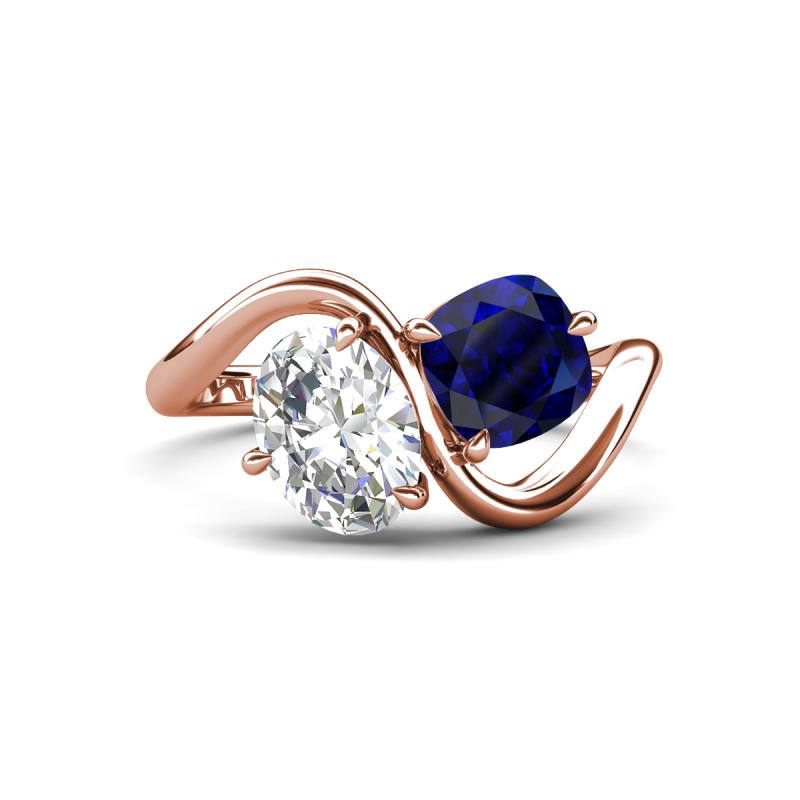 Velona 2.53 ctw IGI Certified Oval Shape Lab Grown Diamond (8.5 x 6 mm) and Cushion Shape Created Blue Sapphire (6 mm) Women Toi Et Moi Wave Engagement Ring 