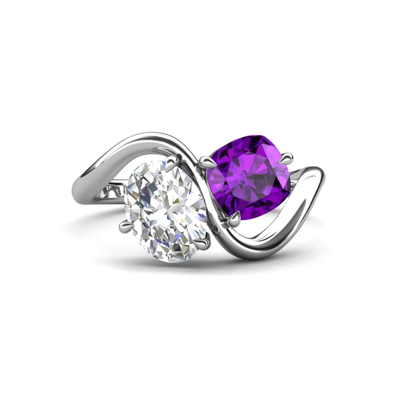 Velona 2.05 ctw IGI Certified Oval Shape Lab Grown Diamond (8.5 x 6 mm) and Cushion Shape Amethyst (6 mm) Women Toi Et Moi Wave Engagement Ring 