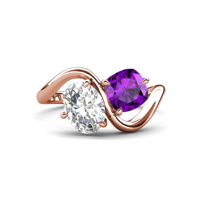 Velona 2.05 ctw IGI Certified Oval Shape Lab Grown Diamond (8.5 x 6 mm) and Cushion Shape Amethyst (6 mm) Women Toi Et Moi Wave Engagement Ring 