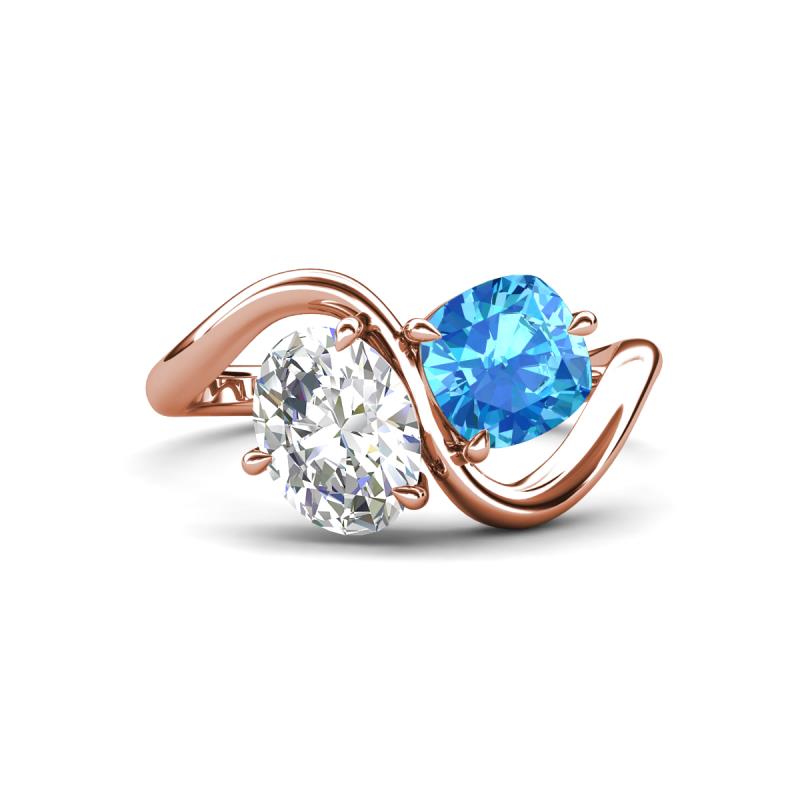 Velona 2.45 ctw IGI Certified Oval Shape Lab Grown Diamond (8.5 x 6 mm) and Cushion Shape Blue Topaz (6 mm) Women Toi Et Moi Wave Engagement Ring 