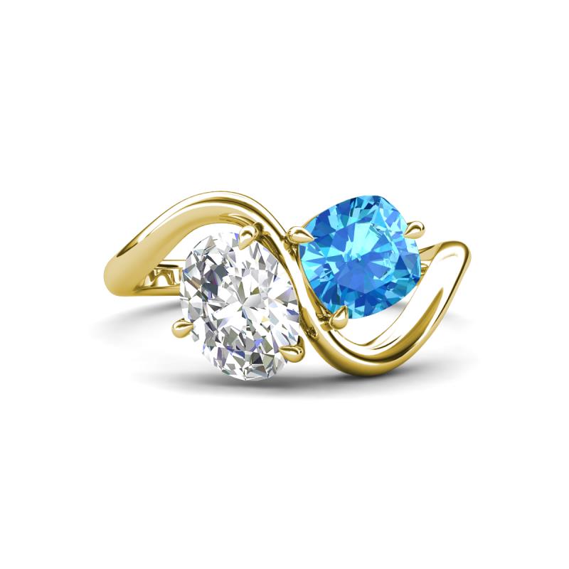Velona 2.45 ctw IGI Certified Oval Shape Lab Grown Diamond (8.5 x 6 mm) and Cushion Shape Blue Topaz (6 mm) Women Toi Et Moi Wave Engagement Ring 