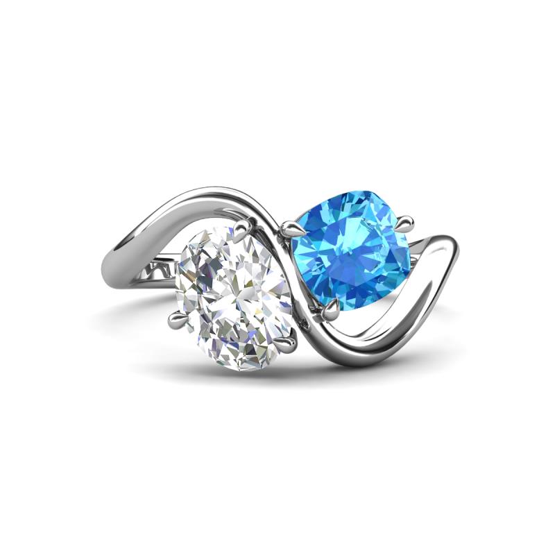 Velona 2.45 ctw IGI Certified Oval Shape Lab Grown Diamond (8.5 x 6 mm) and Cushion Shape Blue Topaz (6 mm) Women Toi Et Moi Wave Engagement Ring 
