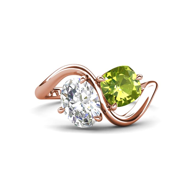 Velona 2.30 ctw IGI Certified Oval Shape Lab Grown Diamond (8.5 x 6 mm) and Cushion Shape Peridot (6 mm) Women Toi Et Moi Wave Engagement Ring 