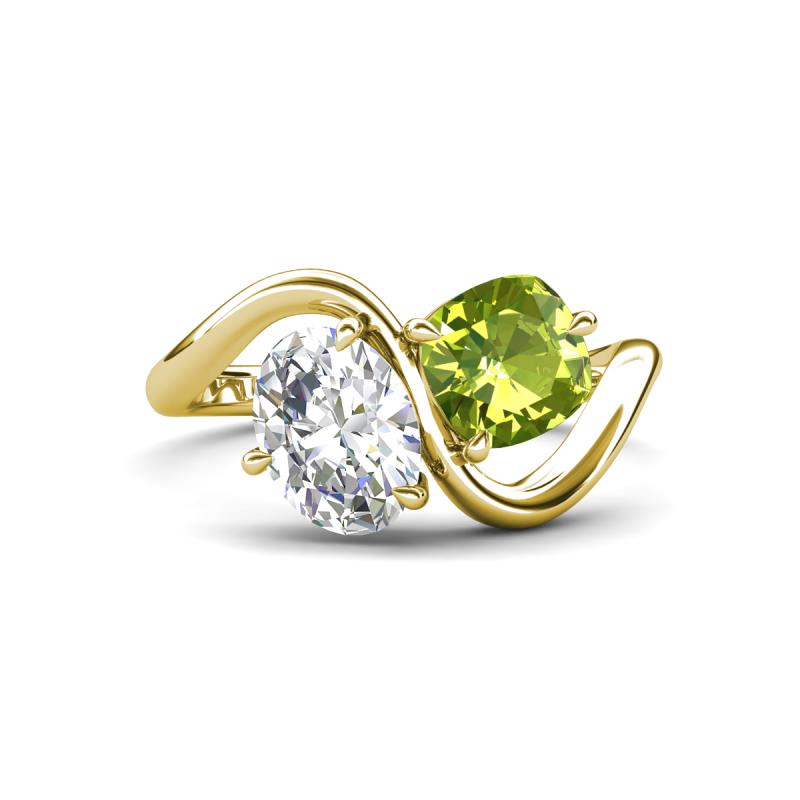 Velona 2.30 ctw IGI Certified Oval Shape Lab Grown Diamond (8.5 x 6 mm) and Cushion Shape Peridot (6 mm) Women Toi Et Moi Wave Engagement Ring 