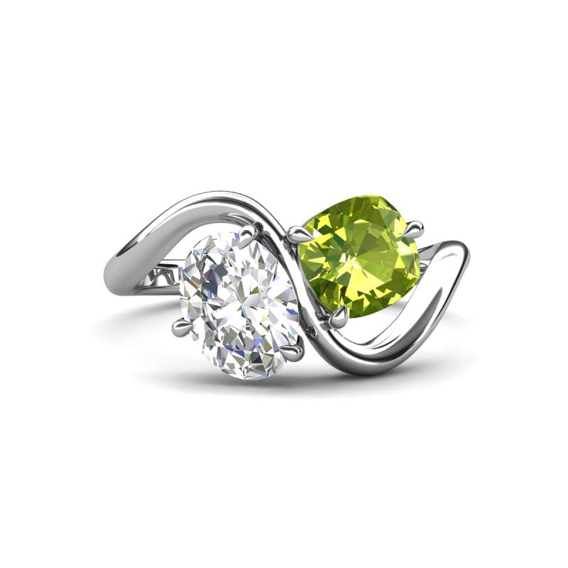 Velona 2.30 ctw IGI Certified Oval Shape Lab Grown Diamond (8.5 x 6 mm) and Cushion Shape Peridot (6 mm) Women Toi Et Moi Wave Engagement Ring 