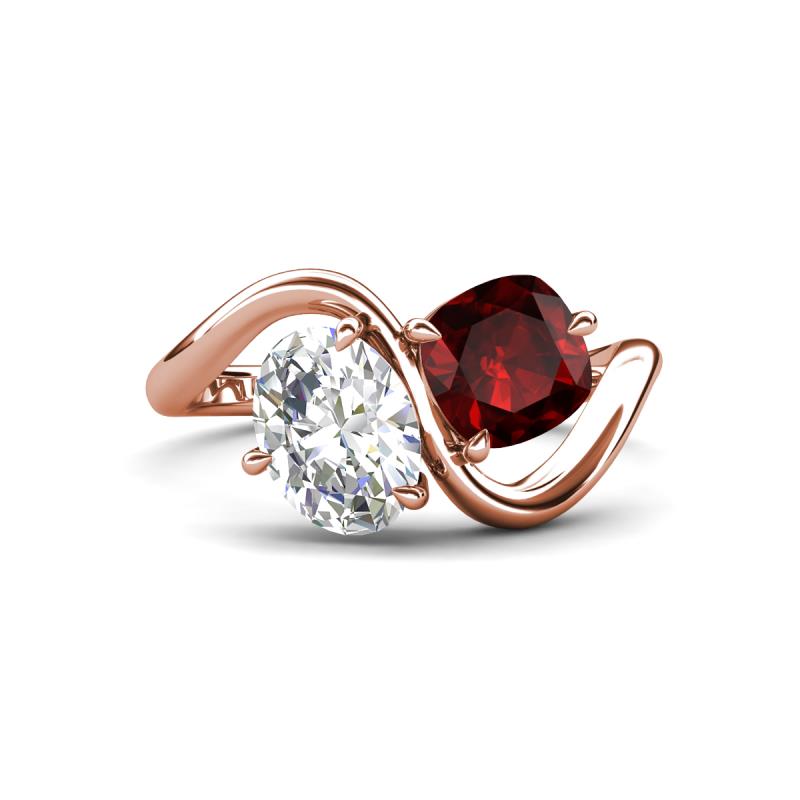 Velona 2.40 ctw IGI Certified Oval Shape Lab Grown Diamond (8.5 x 6 mm) and Cushion Shape Red Garnet (6 mm) Women Toi Et Moi Wave Engagement Ring 