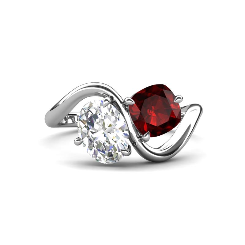 Velona 2.40 ctw IGI Certified Oval Shape Lab Grown Diamond (8.5 x 6 mm) and Cushion Shape Red Garnet (6 mm) Women Toi Et Moi Wave Engagement Ring 