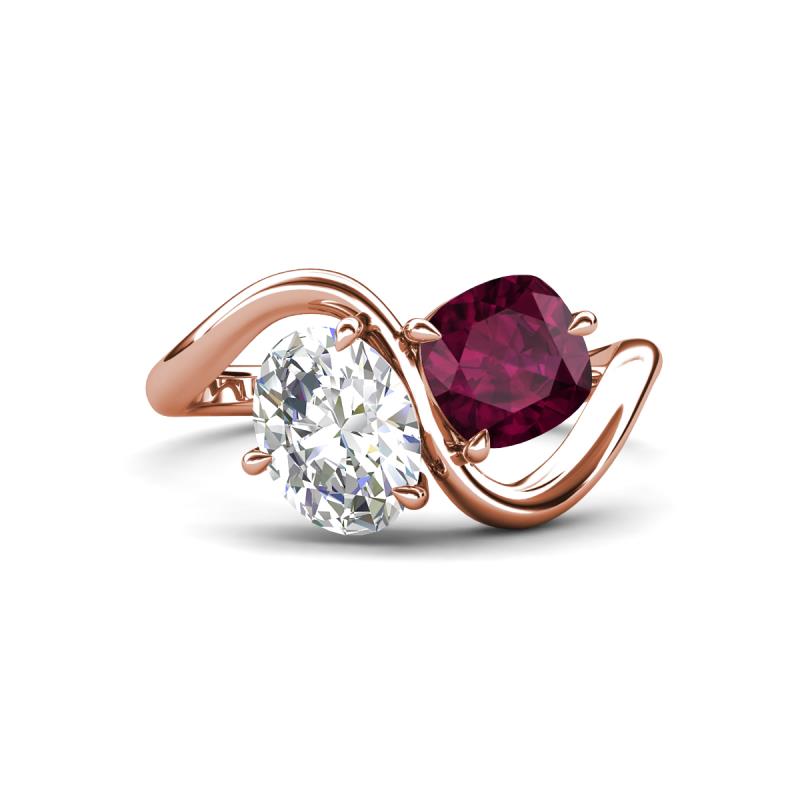 Velona 2.40 ctw IGI Certified Oval Shape Lab Grown Diamond (8.5 x 6 mm) and Cushion Shape Rhodolite Garnet (6 mm) Women Toi Et Moi Wave Engagement Ring 
